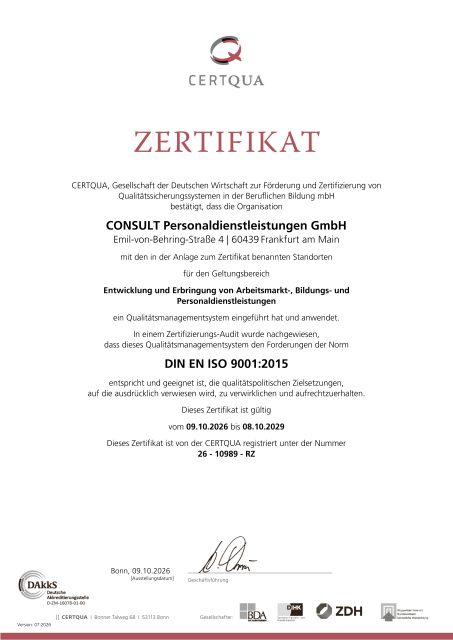 CONSULT erneut nach ISO 9001 zertifiziert – Qualität ist kein Zufall – sondern unser Anspruch!
